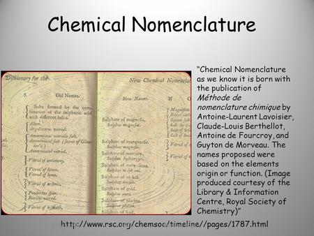 Chemical Nomenclature “Chemical Nomenclature as we know it is born with the publication of Méthode de nomenclature chimique by Antoine-Laurent Lavoisier,
