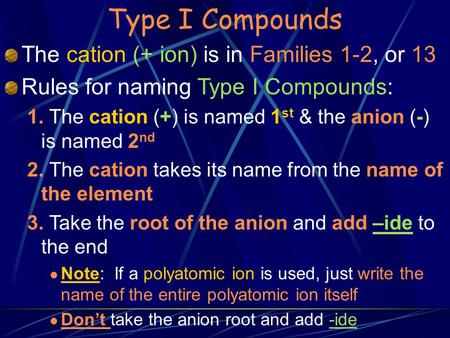 Type I Compounds The cation (+ ion) is in Families 1-2, or 13 Rules for naming Type I Compounds: 1. The cation (+) is named 1 st & the anion (-) is named.