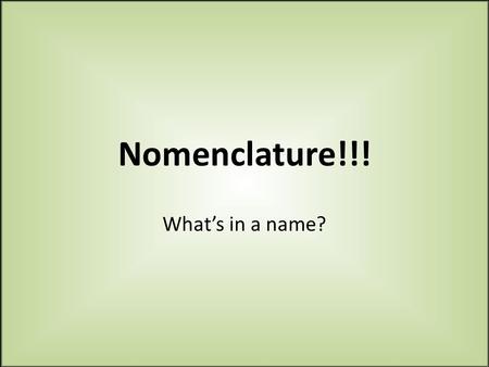 Nomenclature!!! What’s in a name?. REMEMBER!!! 1.When naming compounds ALWAYS, ALWAYS have a periodic table in front of you! 2.Ions – positively or negatively.