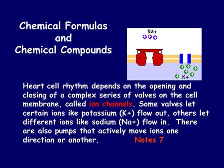 Chemical Formulas and Chemical Compounds Heart cell rhythm depends on the opening and closing of a complex series of valves on the cell membrane, called.