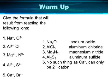 Warm Up Give the formula that will result from reacting the following ions: 1.Na +, O 2- 2.Al 3+, Cl - 3.Mg 2+, N 3- 4.Al 3+, S 2- 5.Ca +, Br - 1.Na 2.