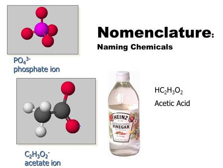 Nomenclature : Naming Chemicals PO 4 3- phosphate ion C 2 H 3 O 2 - acetate ion HC 2 H 3 O 2 Acetic Acid.
