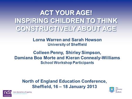ACT YOUR AGE! INSPIRING CHILDREN TO THINK CONSTRUCTIVELY ABOUT AGE ACT YOUR AGE! INSPIRING CHILDREN TO THINK CONSTRUCTIVELY ABOUT AGE Lorna Warren and.