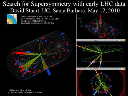 Search for Supersymmetry with early LHC data David Stuart, UC, Santa Barbara. May 12, 2010.