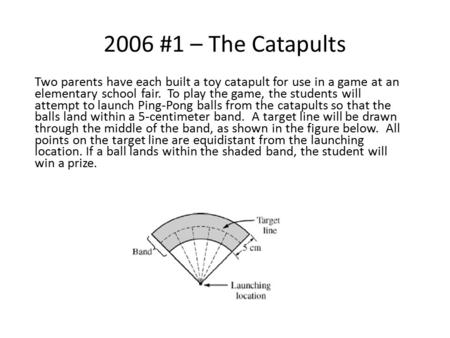 2006 #1 – The Catapults Two parents have each built a toy catapult for use in a game at an elementary school fair. To play the game, the students will.
