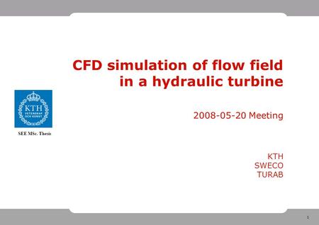1 SEE MSc. Thesis CFD simulation of flow field in a hydraulic turbine 2008-05-20 Meeting KTH SWECO TURAB.