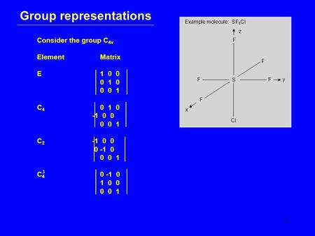 1 Group representations Consider the group C 4v ElementMatrix E1 0 0 0 1 0 0 0 1 C 4 0 1 0 -1 0 0 0 0 1 C 2 -1 0 0 0 -1 0 0 0 1 C 4 0 -1 0 1 0 0 0 0 1.