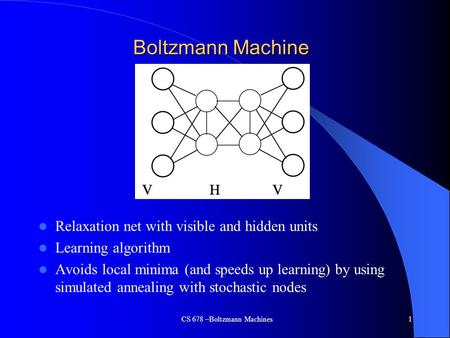 CS 678 –Boltzmann Machines1 Boltzmann Machine Relaxation net with visible and hidden units Learning algorithm Avoids local minima (and speeds up learning)