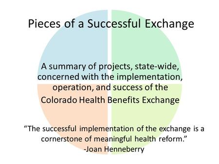 Pieces of a Successful Exchange A summary of projects, state-wide, concerned with the implementation, operation, and success of the Colorado Health Benefits.