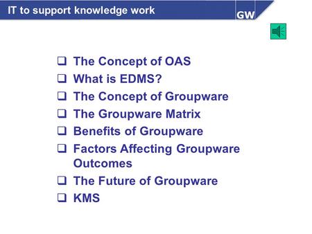 IT to support knowledge work  The Concept of OAS  What is EDMS?  The Concept of Groupware  The Groupware Matrix  Benefits of Groupware  Factors Affecting.