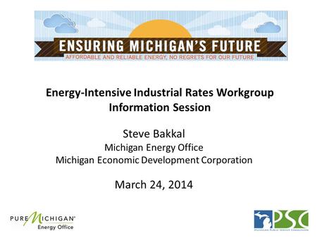 Energy-Intensive Industrial Rates Workgroup Information Session Steve Bakkal Michigan Energy Office Michigan Economic Development Corporation March 24,