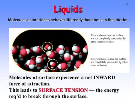1 Liquids Molecules at interfaces behave differently than those in the interior. Molecules at surface experience a net INWARD force of attraction. This.