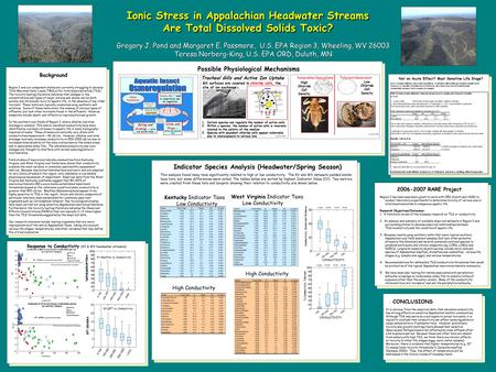 Ionic Stress in Appalachian Headwater Streams Are Total Dissolved Solids Toxic? 10 th percentile=impairment threshold Kentucky Indicator Taxa Low Conductivity.