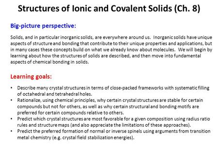 Structures of Ionic and Covalent Solids (Ch. 8)