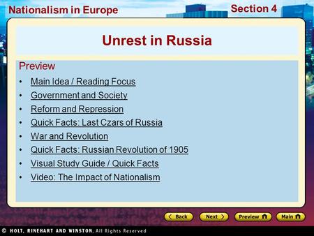 Nationalism in Europe Section 4 Preview Main Idea / Reading Focus Government and Society Reform and Repression Quick Facts: Last Czars of Russia War and.