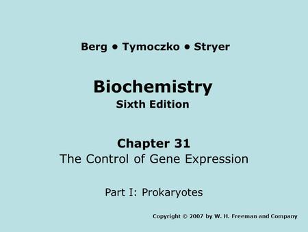 Biochemistry Sixth Edition Chapter 31 The Control of Gene Expression Part I: Prokaryotes Copyright © 2007 by W. H. Freeman and Company Berg Tymoczko Stryer.