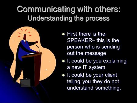 Communicating with others: Understanding the process First there is the SPEAKER– this is the person who is sending out the message First there is the.