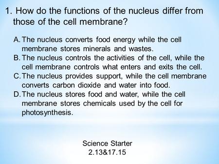 How do the functions of the nucleus differ from those of the cell membrane? The nucleus converts food energy while the cell membrane stores minerals and.