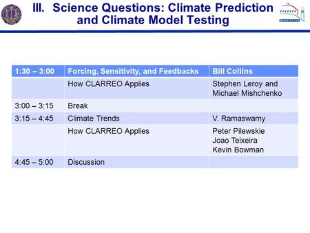 III. Science Questions: Climate Prediction and Climate Model Testing 1:30 – 3:00Forcing, Sensitivity, and FeedbacksBill Collins How CLARREO AppliesStephen.