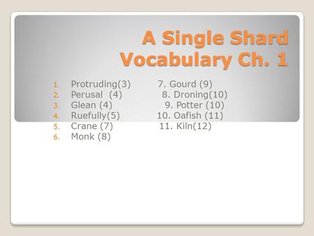 A Single Shard Vocabulary Ch. 1 1. Protruding(3) 7. Gourd (9) 2. Perusal (4) 8. Droning(10) 3. Glean (4) 9. Potter (10) 4. Ruefully(5) 10. Oafish (11)
