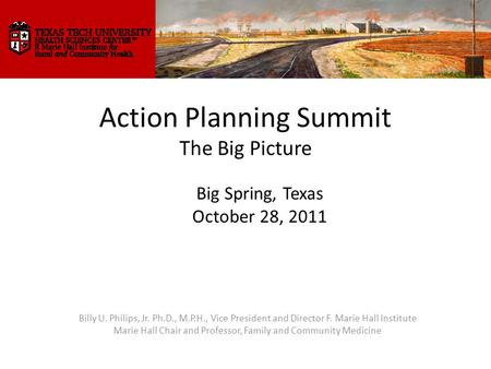 Action Planning Summit The Big Picture Billy U. Philips, Jr. Ph.D., M.P.H., Vice President and Director F. Marie Hall Institute Marie Hall Chair and Professor,