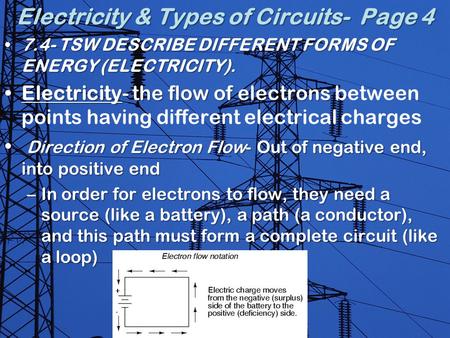 Electricity & Types of Circuits- Page 4 7.4- TSW DESCRIBE DIFFERENT FORMS OF ENERGY (ELECTRICITY).7.4- TSW DESCRIBE DIFFERENT FORMS OF ENERGY (ELECTRICITY).