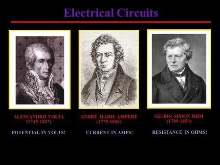 Electrical Circuits ALESSANDRO VOLTA (1745-1827) GEORG SIMON OHM (1789-1854) ANDRE MARIE AMPERE (1775-1836) POTENTIAL IN VOLTS! RESISTANCE IN OHMS! CURRENT.