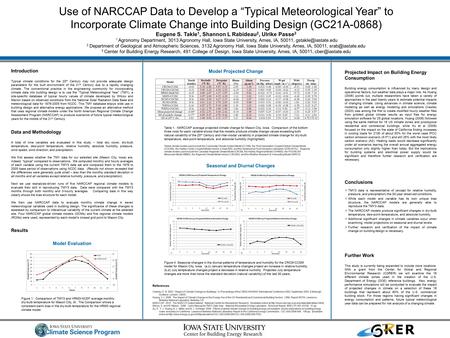 Use of NARCCAP Data to Develop a “Typical Meteorological Year” to Incorporate Climate Change into Building Design (GC21A-0868) Eugene S. Takle 1, Shannon.