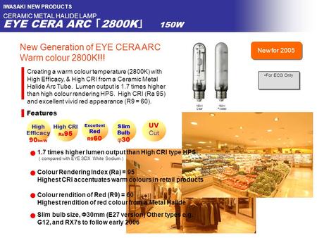 IWASAKI NEW PRODUCTS CERAMIC METAL HALIDE LAMP EYE CERA ARC 「 2800K 」 150W Features High CRI Ra 95 150W Clear Excellent Red R9 60 Creating a warm colour.