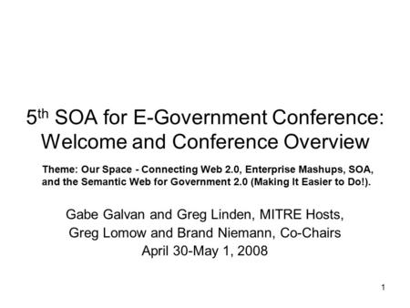 1 5 th SOA for E-Government Conference: Welcome and Conference Overview Gabe Galvan and Greg Linden, MITRE Hosts, Greg Lomow and Brand Niemann, Co-Chairs.