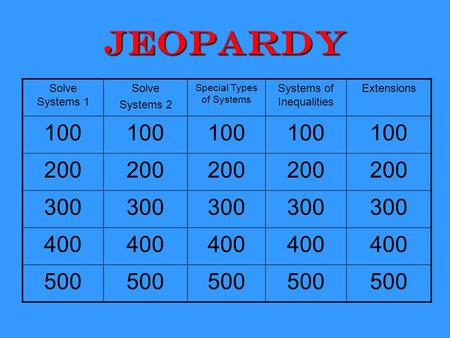 Jeopardy Solve Systems 1 Solve Systems 2
