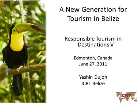 A New Generation for Tourism in Belize Responsible Tourism in Destinations V Edmonton, Canada June 27, 2011 Yashin Dujon ICRT Belize.