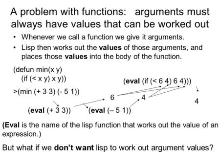 A problem with functions: arguments must always have values that can be worked out Whenever we call a function we give it arguments. Lisp then works out.