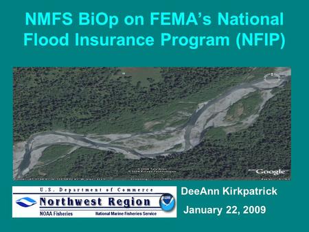 NMFS BiOp on FEMA’s National Flood Insurance Program (NFIP) DeeAnn Kirkpatrick January 22, 2009.