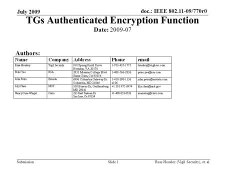 Doc.: IEEE 802.11-09/770r0 Submission July 2009 Slide 1 TGs Authenticated Encryption Function Date: 2009-07 Authors: Russ Housley (Vigil Security), et.