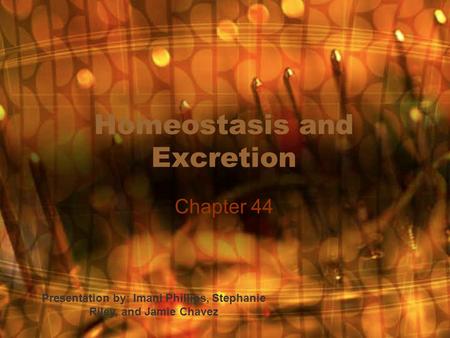 Homeostasis and Excretion Chapter 44 Presentation by: Imani Phillips, Stephanie Riley, and Jamie Chavez.
