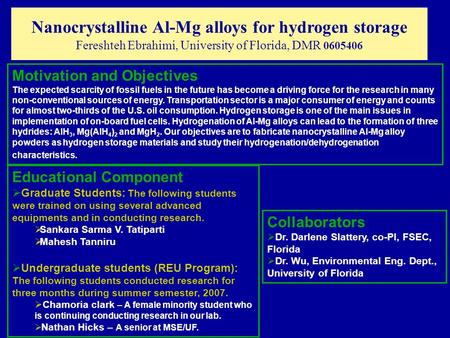 Nanocrystalline Al-Mg alloys for hydrogen storage Fereshteh Ebrahimi, University of Florida, DMR 0605406 Motivation and Objectives The expected scarcity.