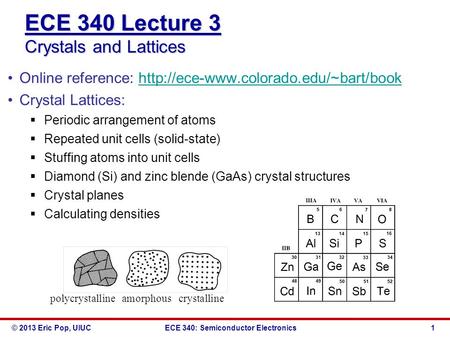 © 2013 Eric Pop, UIUCECE 340: Semiconductor Electronics ECE 340 Lecture 3 Crystals and Lattices Online reference: