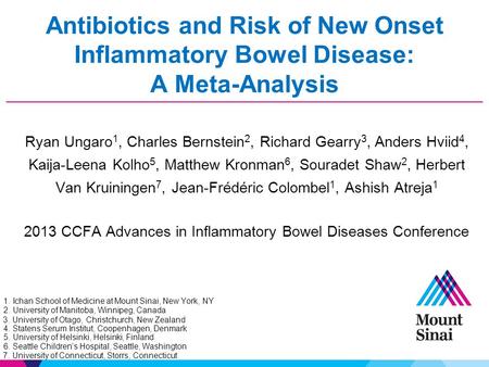 Antibiotics and Risk of New Onset Inflammatory Bowel Disease: A Meta-Analysis Ryan Ungaro 1, Charles Bernstein 2, Richard Gearry 3, Anders Hviid 4, Kaija-Leena.