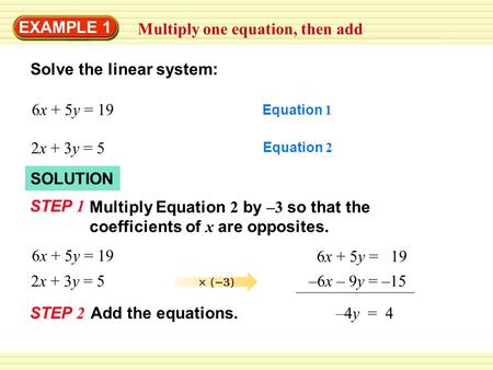SOLUTION EXAMPLE 1 Multiply one equation, then add Solve the linear system: 6x + 5y = 19 Equation 1 2x + 3y = 5 Equation 2 STEP 1 Multiply Equation 2 by.