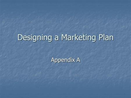 Designing a Marketing Plan Appendix A. Overview of Report Executive Summary Executive Summary Company Description Company Description Strategic Focus.