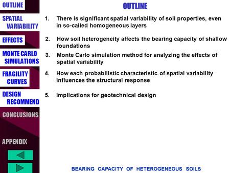 OUTLINE SPATIAL VARIABILITY FRAGILITY CURVES MONTE CARLO SIMULATIONS CONCLUSIONS EFFECTS DESIGN RECOMMEND BEARING CAPACITY OF HETEROGENEOUS SOILS APPENDIXOUTLINE.