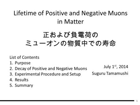 正および負電荷の ミューオンの物質中での寿命 July 1 st, 2014 Suguru Tamamushi List of Contents 1.Purpose 2.Decay of Positive and Negative Muons 3.Experimental Procedure and.
