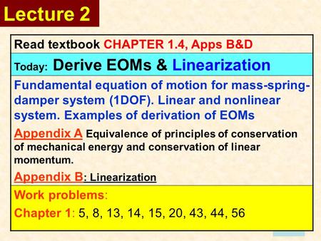 1 Lecture 2 Read textbook CHAPTER 1.4, Apps B&D Today: Derive EOMs & Linearization Fundamental equation of motion for mass-spring- damper system (1DOF).