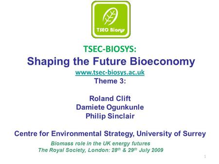 1 TSEC-BIOSYS: Shaping the Future Bioeconomy www.tsec-biosys.ac.uk Theme 3: Roland Clift Damiete Ogunkunle Philip Sinclair Centre for Environmental Strategy,