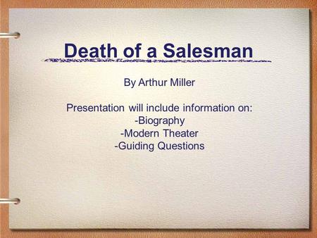 Death of a Salesman By Arthur Miller Presentation will include information on: -Biography -Modern Theater -Guiding Questions.