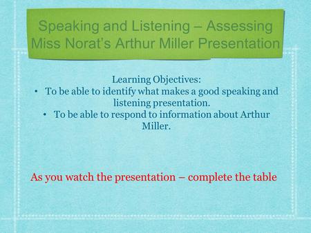 Speaking and Listening – Assessing Miss Norat’s Arthur Miller Presentation Learning Objectives: To be able to identify what makes a good speaking and listening.