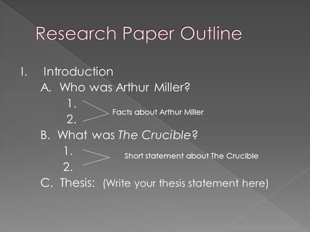 I. Introduction A. Who was Arthur Miller? 1. 2. B. What was The Crucible? 1. 2. C. Thesis: (Write your thesis statement here) Facts about Arthur Miller.