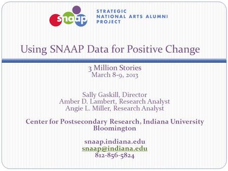 Using SNAAP Data for Positive Change 3 Million Stories March 8-9, 2013 Sally Gaskill, Director Amber D. Lambert, Research Analyst Angie L. Miller, Research.