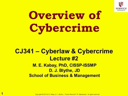 1 Copyright © 2013 M. E. Kabay, D. J. Blythe, J. Tower-Pierce & P. R. Stephenson. All rights reserved. Overview of Cybercrime CJ341 – Cyberlaw & Cybercrime.
